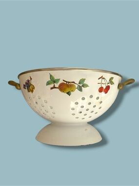 Vintage White Enamel stand Alone Colander with Brass Handles